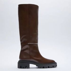 ZARA chunky heel knee high brown leather boots lug sole size 38 size 7